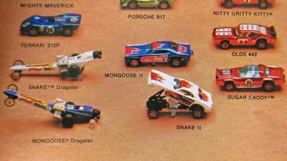 Close-up of Mongoose & Snake dragsters and funny cars in the 1971 Collector's catalogue. Copyright Mattel, Inc.